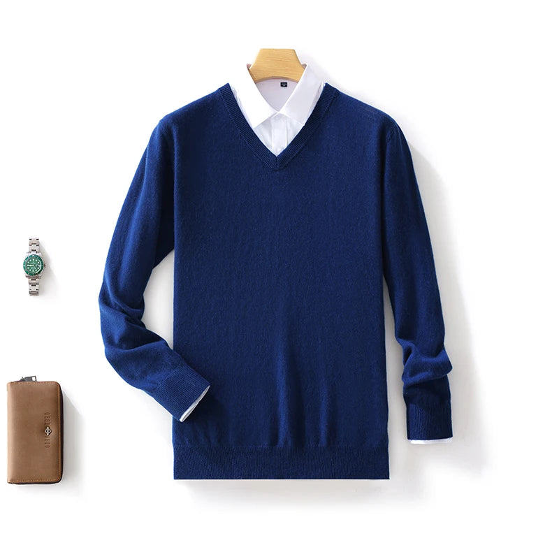 100% Merino Wool Men's V-Neck Pullover Autumn and Winter Basic Knit Versatile Sweater Casual Long Sleeve Shirt Cashmere Man Top