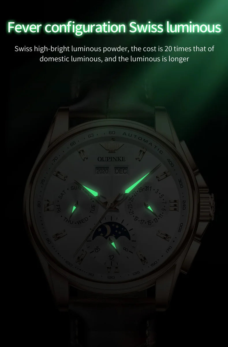 OUPINKE Top Men's Automatic Mechanical Wrist Watch Leather Strap Luxury Business Multi functional Lunar Phase Dial Reloj Hombre