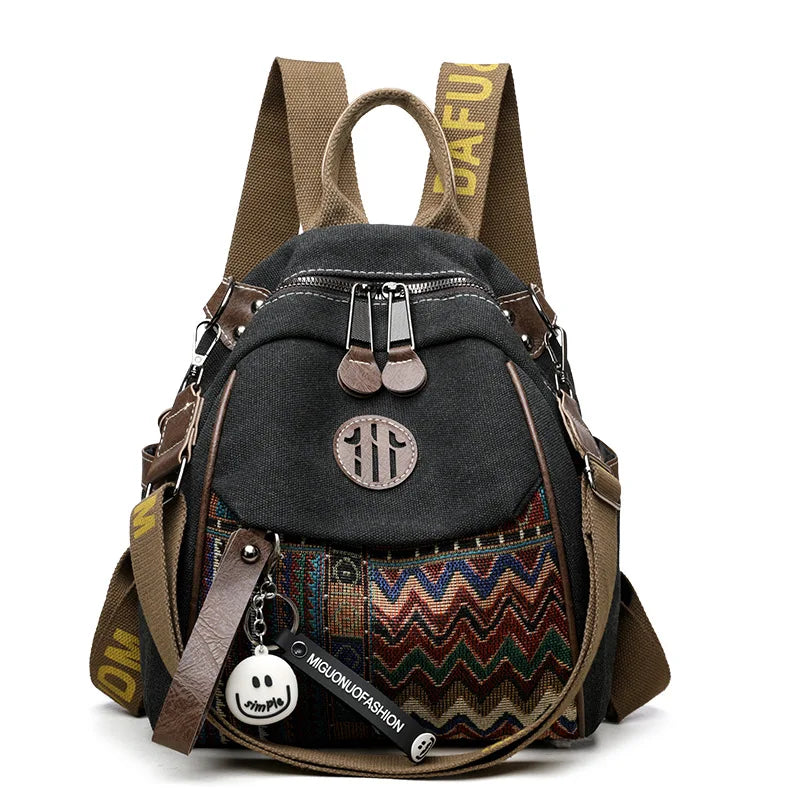Denim ethnic style embroidered women's double shoulder bag, color-matched large capacity backpack, multi-purpose crossbody bag