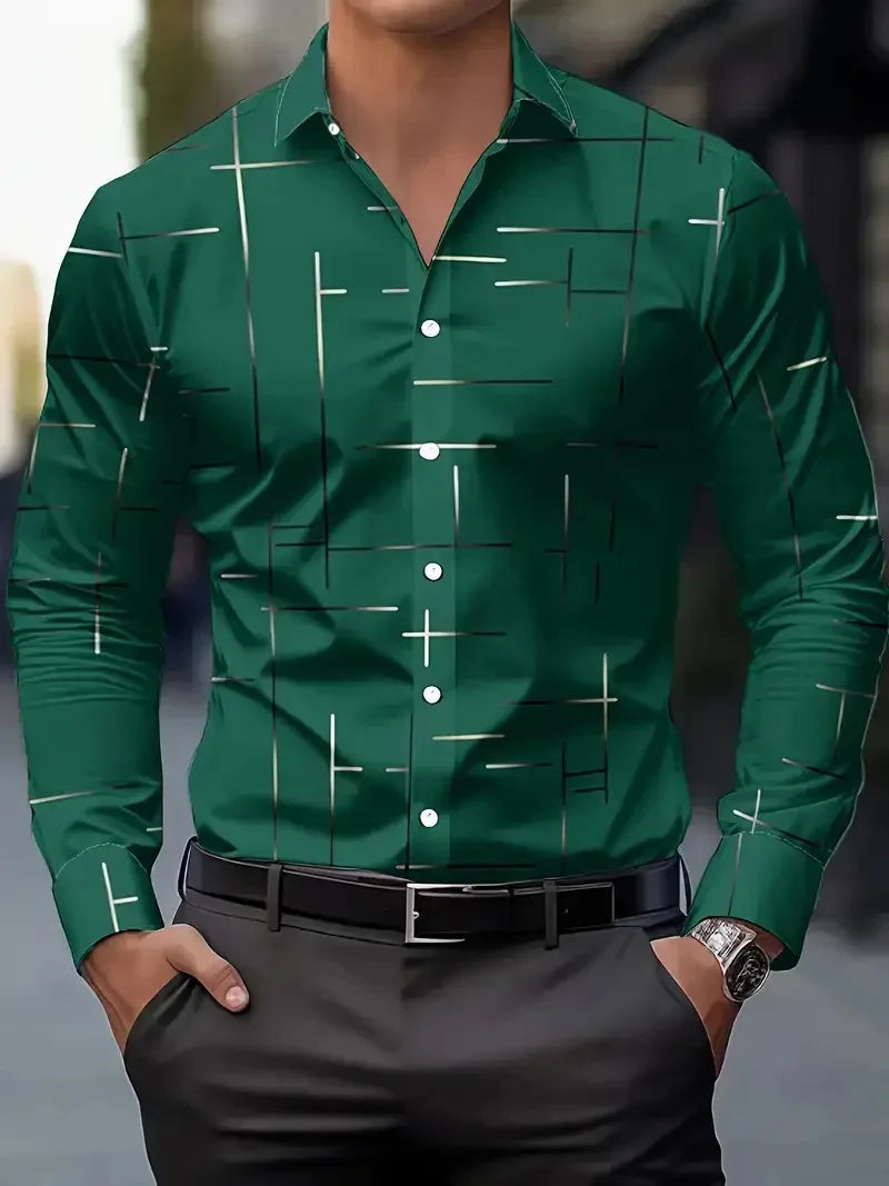 Men's Casual Geometric Print Long Sleeve Shirt - Breathable Button-Up Shirt for Spring and Autumn, Suitable for Modern Business