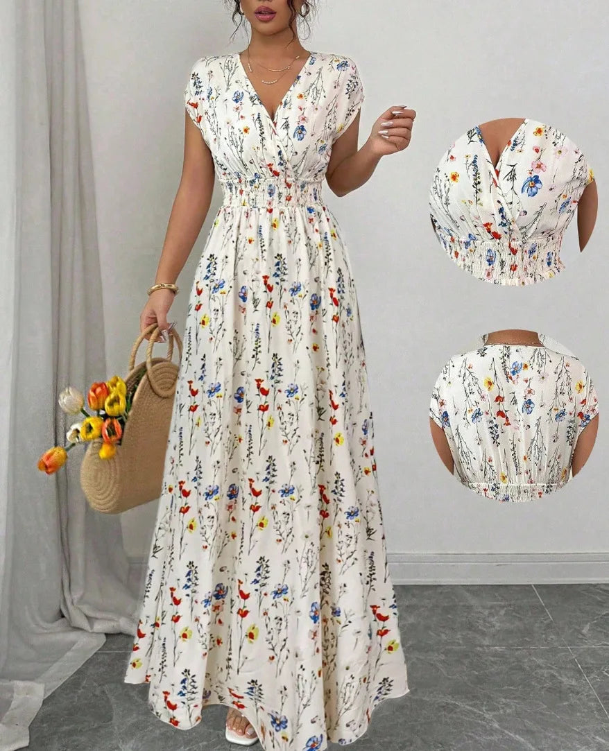 2026 Women's New Fashion Casual Daily Comfortable Elegant Lace-up Floral Print V-neck Short Sleeve Waist Women's Long Dress