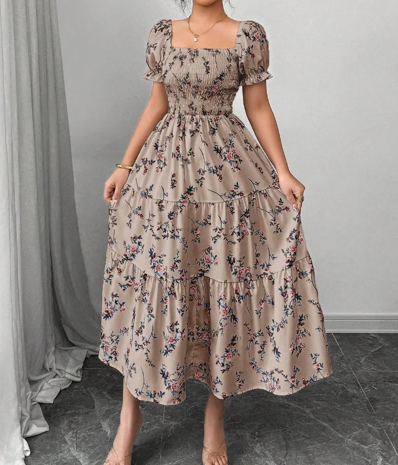 Spring and Autumn Women's Square Neck Short Sleeve Long Skirt Fresh Printed Casual Fashion Slight Backless Temperament Dress