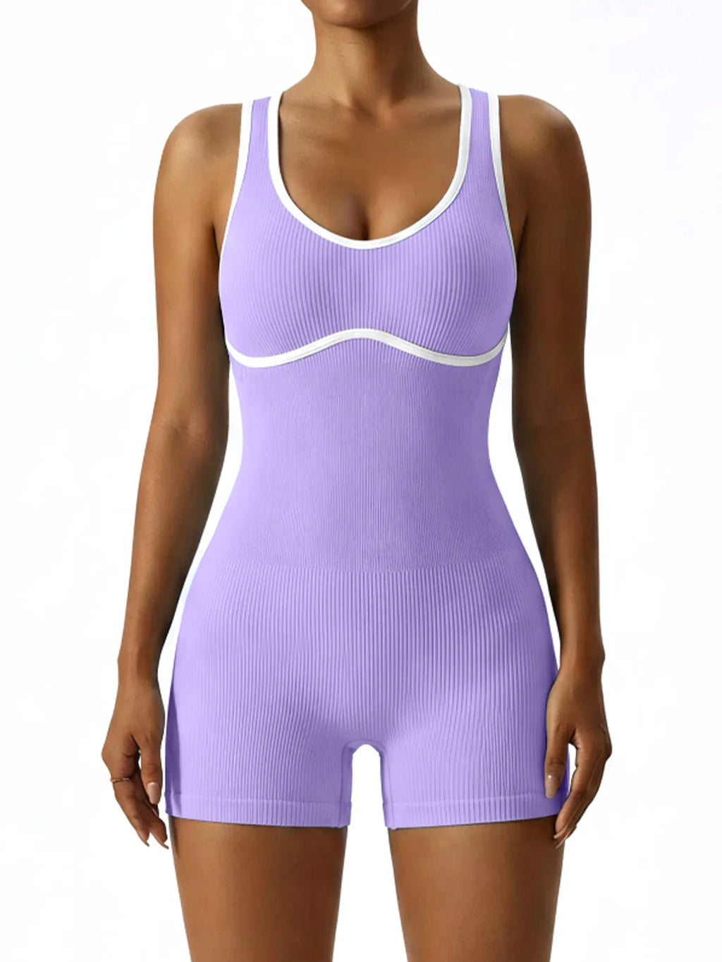 Sleeveless Contrast Trim Backless Yoga Romper Seamless Body Shaping Sport Jumpsuit for Running Training