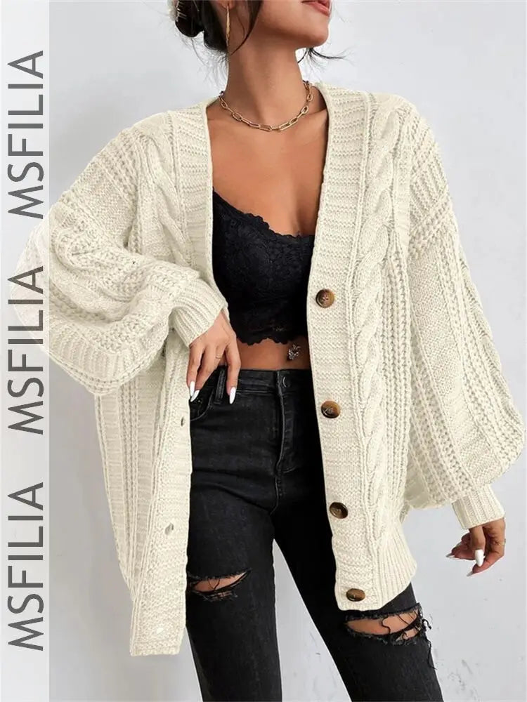 Msfilia Women's Fall/Winter Solid Color Cable Knit V-Neck Cardigan, Balloon Sleeve Loose Single Breasted Sweater Coat