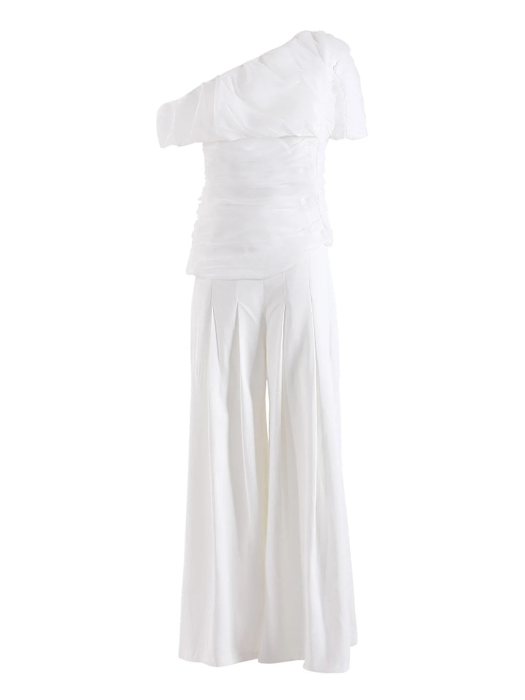 High Quality Summer New White Slim Set 2026 Sexy Short Sleeved Pleated Top+High Waisted Wide Leg Pants Party 2 Two-Piece Set