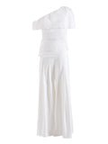 High Quality Summer New White Slim Set 2026 Sexy Short Sleeved Pleated Top+High Waisted Wide Leg Pants Party 2 Two-Piece Set