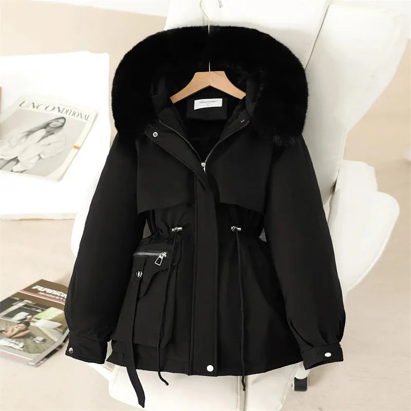 Fleece Lined Hood Down Jacket Winter Coat for Women Warm Drawstring Padded Parkas Korean Casual Streetwear Female Puffer Outwear