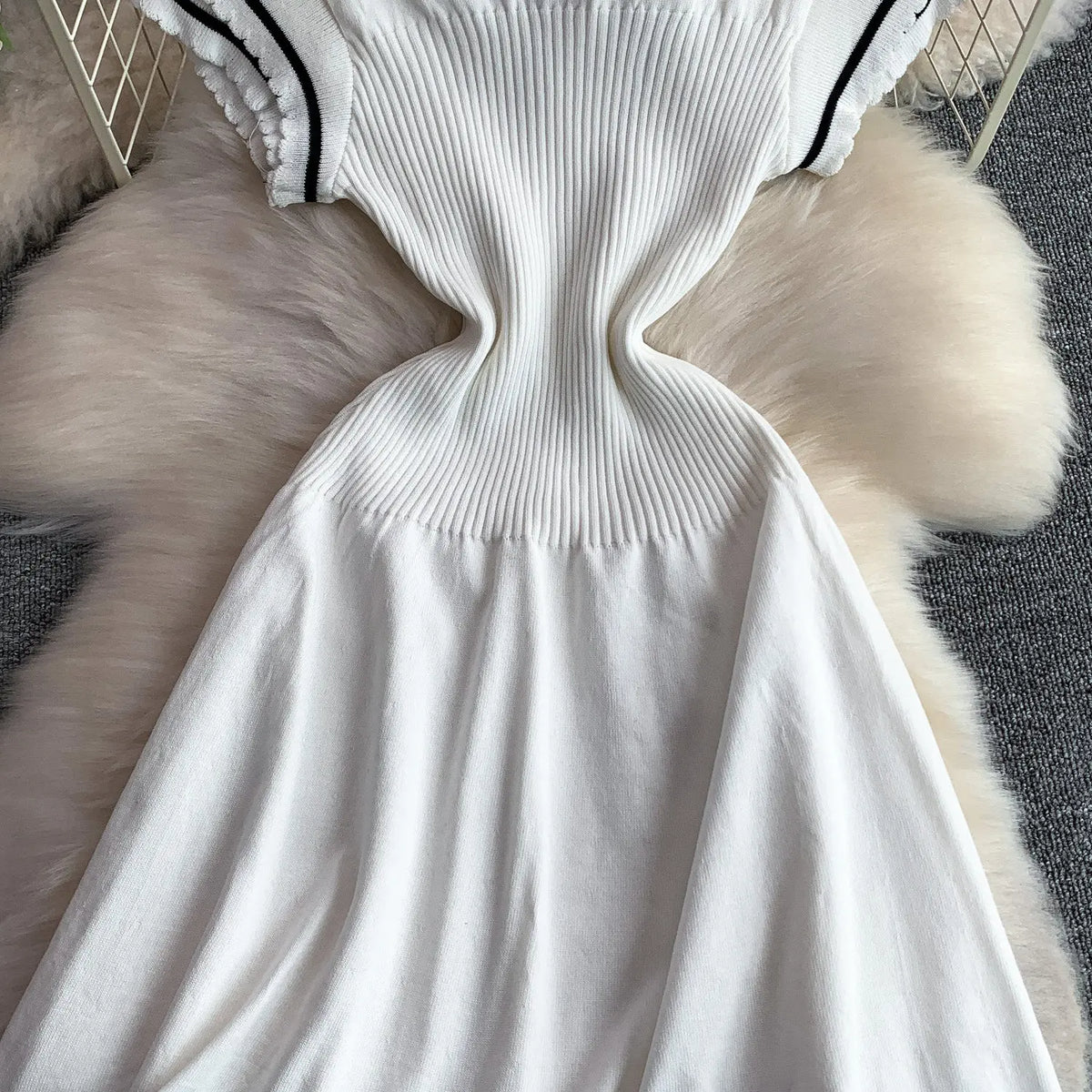 Summer Women Sweet Strechy Sundress Turndown Collar Short Sleeve Knitted Dress Lace Up Bow High Waist A-line Mini Dress