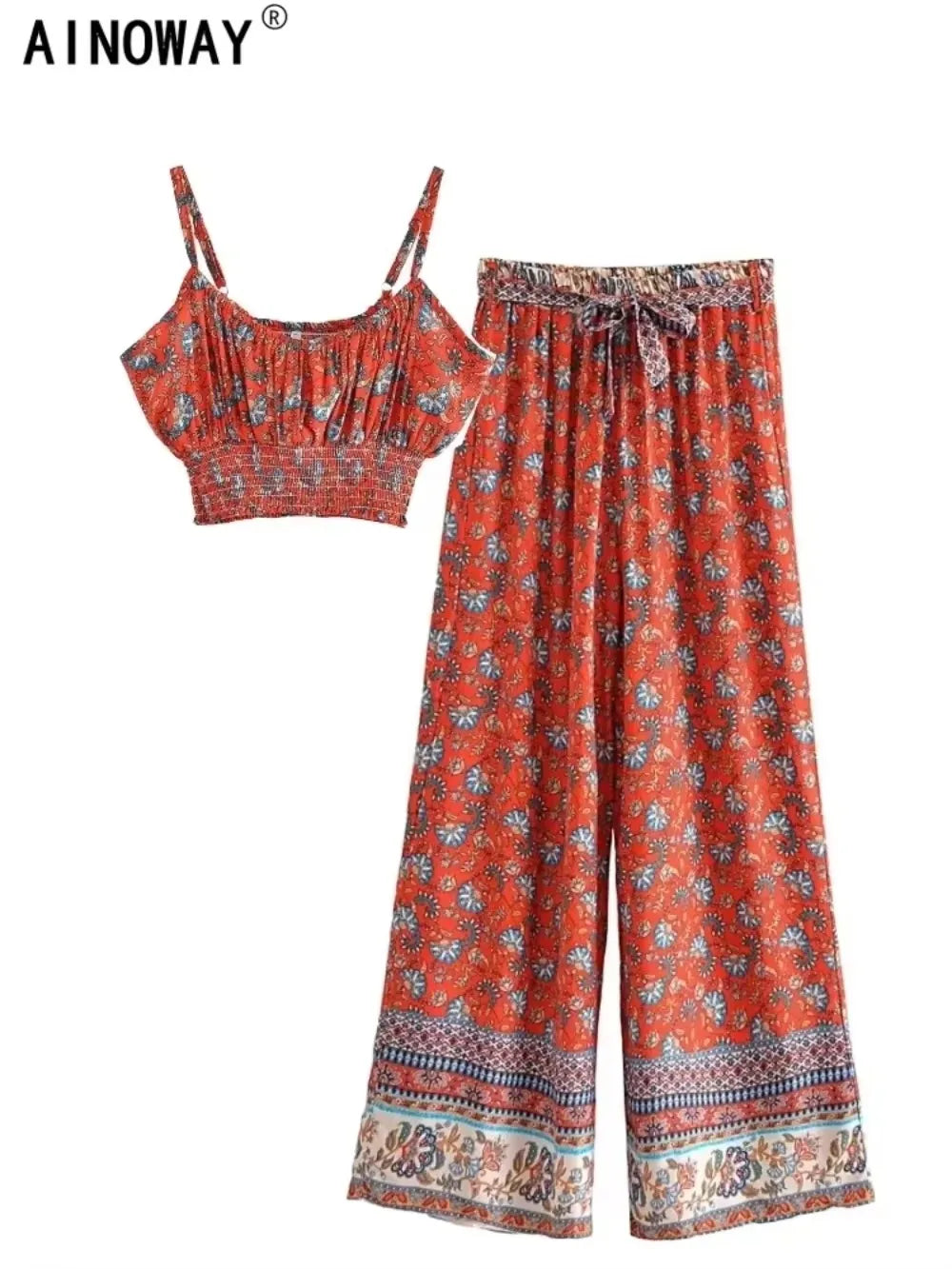 Vintage Chic  Women Floral Print Outfits Strap Sleeveless Tops Bohemian Suits Drawstring Pants 2 Pieces Rayon Cotton Boho Sets