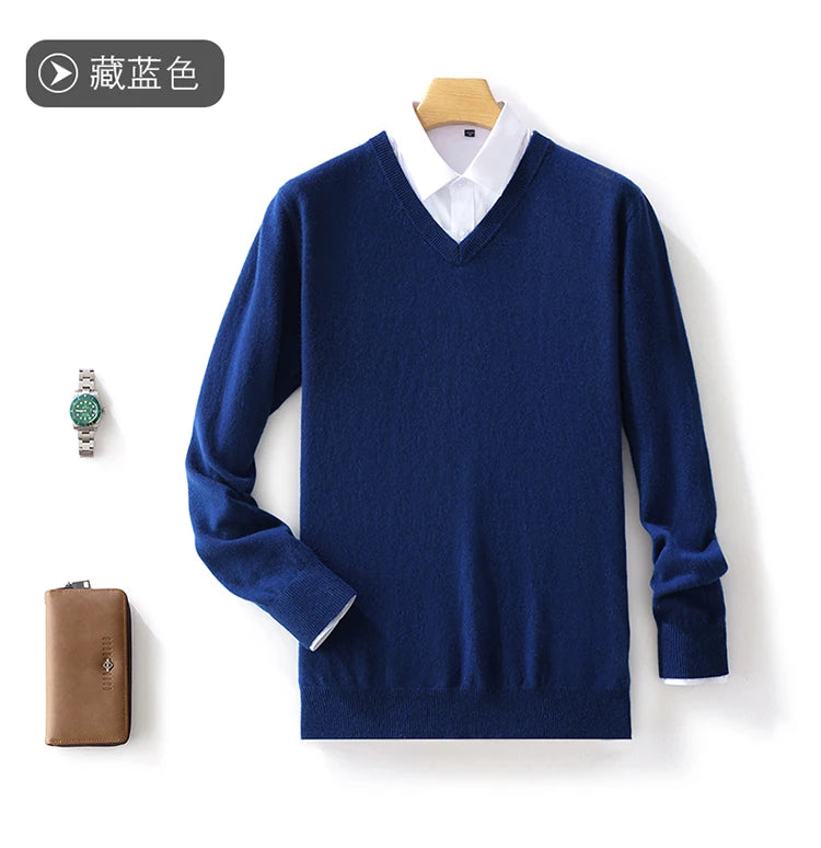 100% Merino Wool Men's V-Neck Pullover Autumn and Winter Basic Knit Versatile Sweater Casual Long Sleeve Shirt Cashmere Man Top
