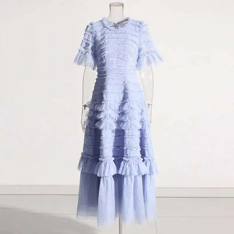 Eshin Elegant Midi Dress Short Sleeve Summer Spring New Fashion Design Women Runway Mesh Ruffles V-Neck Party High Street TH6731