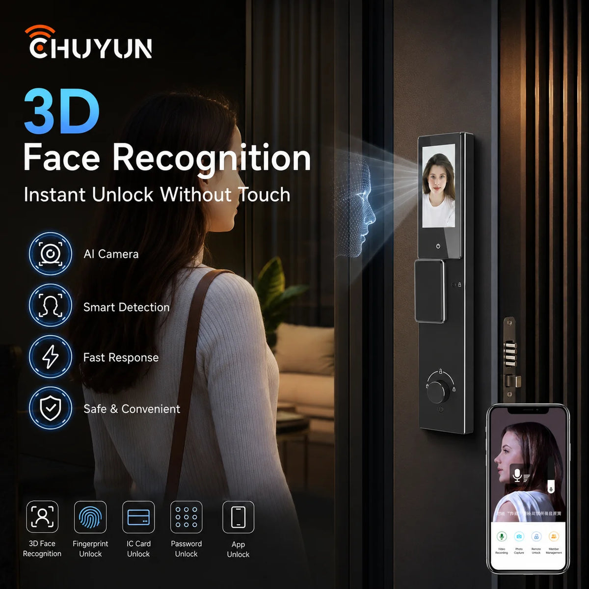 Tuya Smart WiFi Door Lock with Face Recognition Fingerprint Password IC Card Digital Keyless Entry