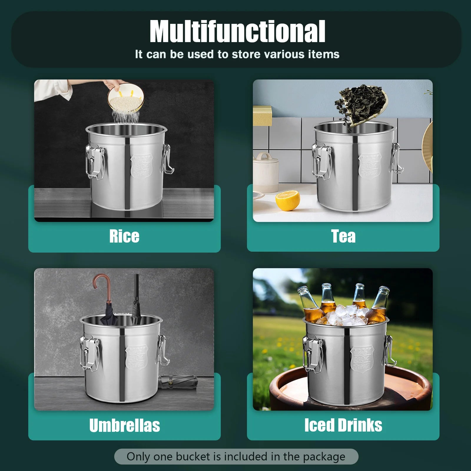 Bymaocar 12L 304 Stainless Steel Cereal Container Metal Kitchen Rice Oil Storage Bucket Airtight Durable, Corrosion Resistant