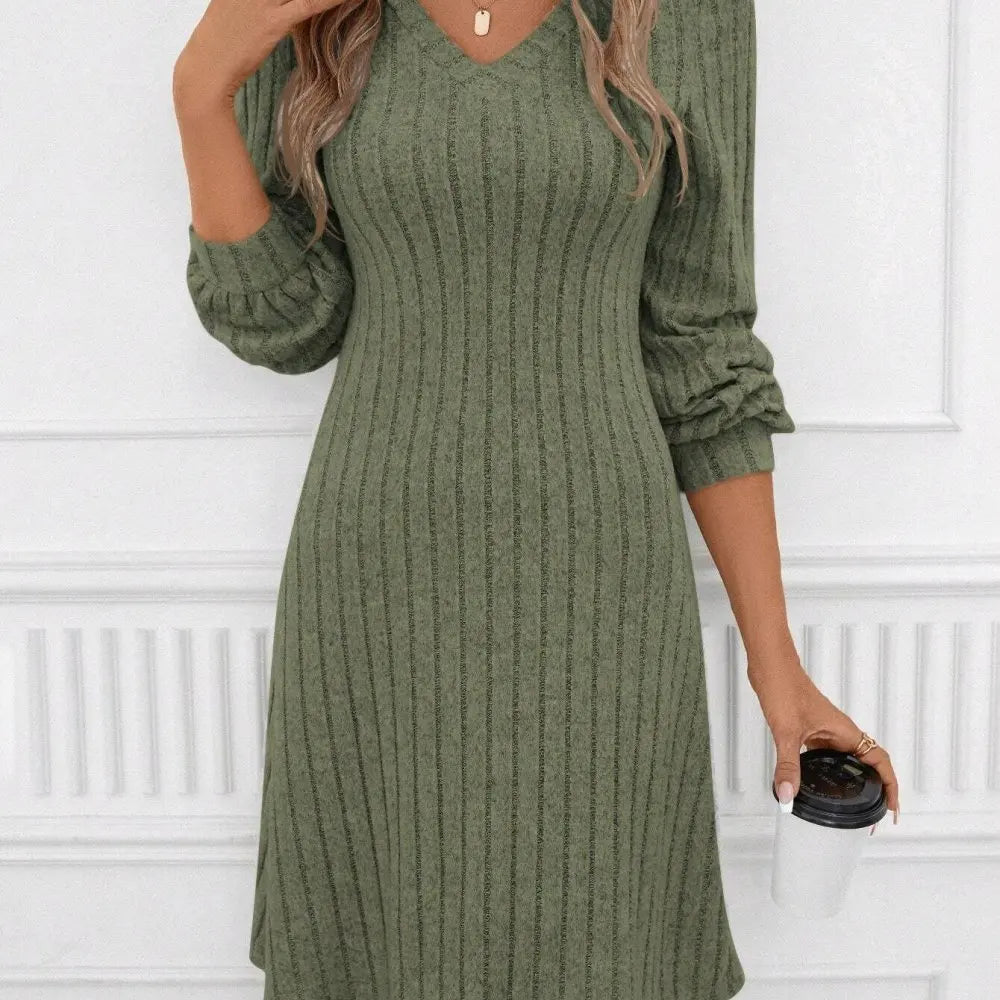 Womens Casual Slim Fit Dress V Neck Long Sleeve Brushed Ribbed Knit Autumn Winter Pullover Solid Color Streetwear