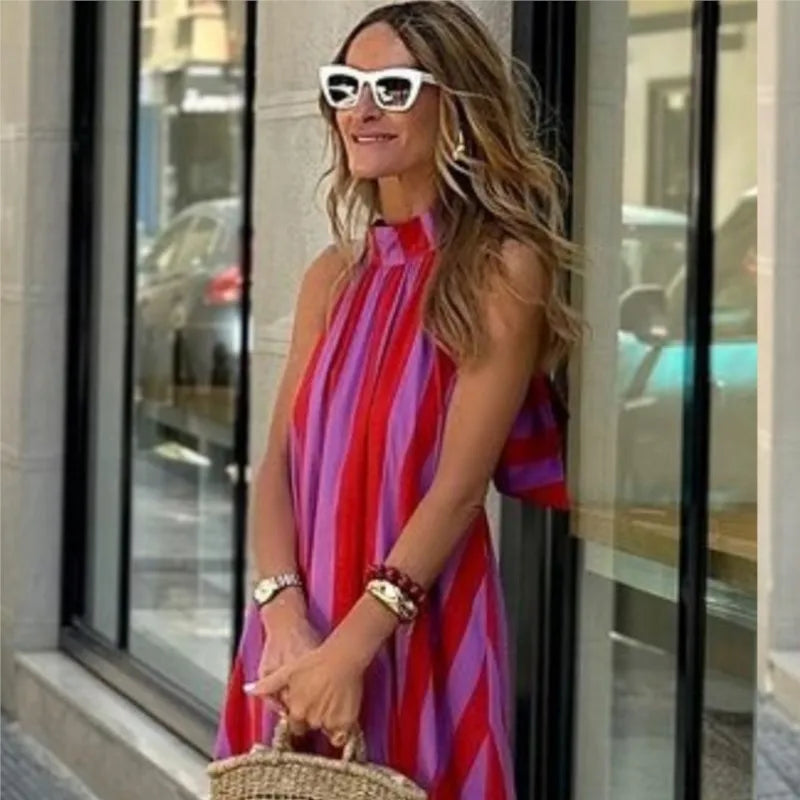 Summer New Sleeveless Neck Hanging Pink Dress Women's Long Dress With Backless Straps Loose Striped Printed A-line Skirt 2026