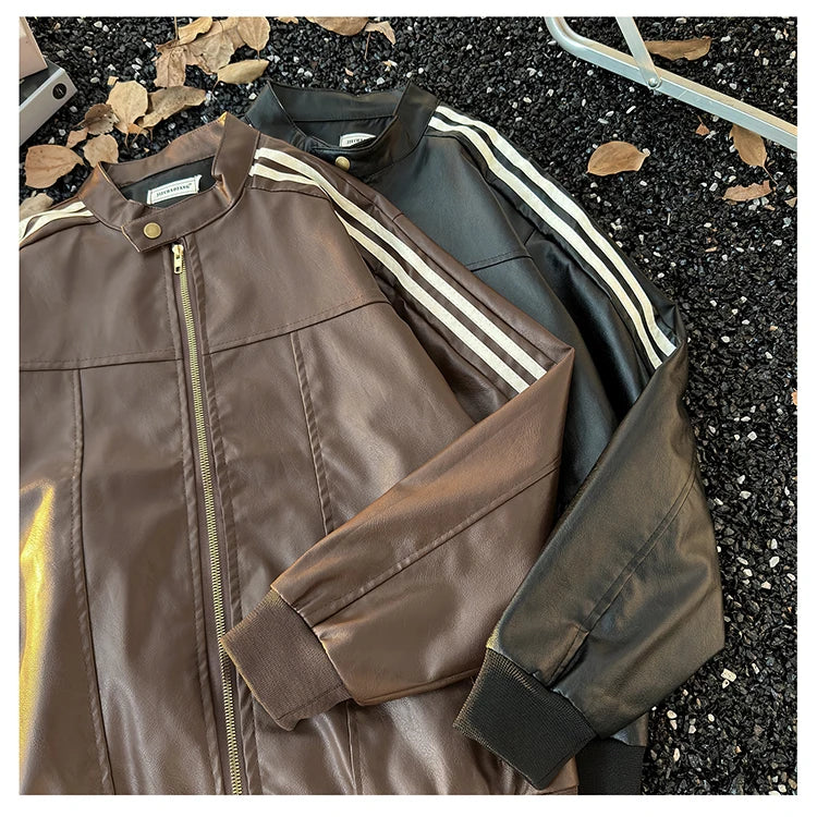 Men's Brown Leather Jacket American Retro Patchwork Striped Outerwear Youthful Style Summer Biker Coat Long Sleeve Zipper Clo...