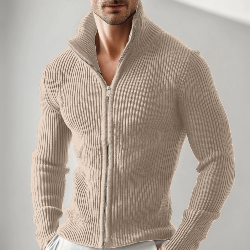 Men Full Zip Stand Collar Cardigan Sweater Knitted Thick Warm Outerwear Jacket for Daily Casual and Outdoor Wear in Cold Weather