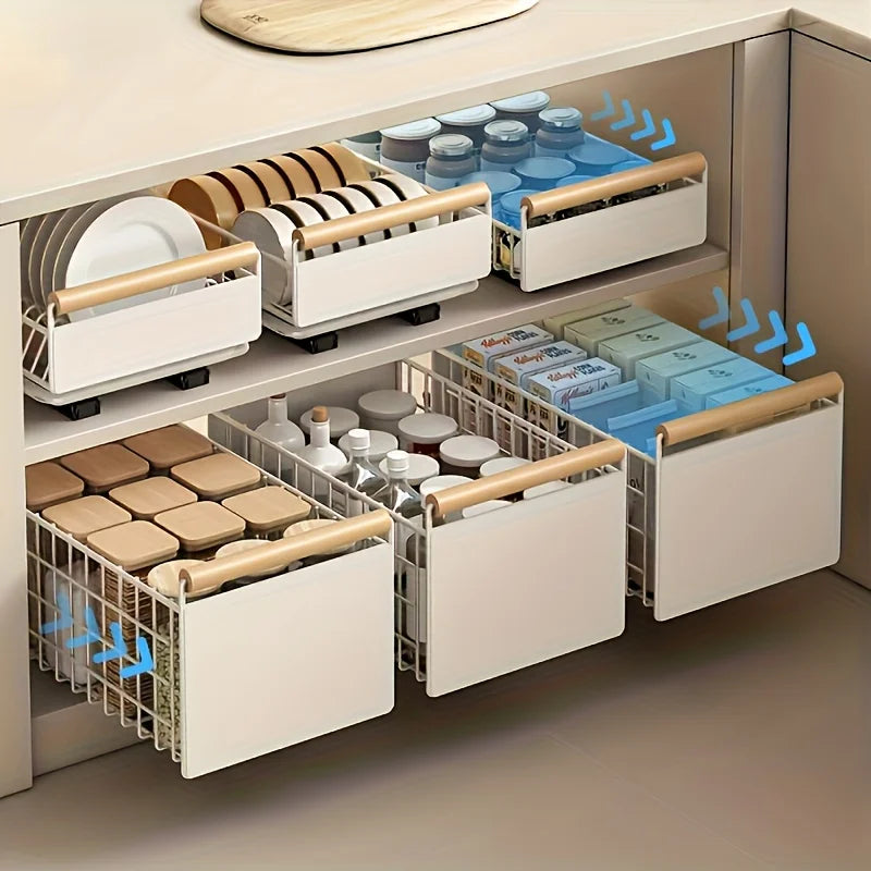 Space-Saving Kitchen Drawer Organizer, Pull Out Storage Rack for Storing Plates, Bowls, and Spices Kitchen Organizer and Storage