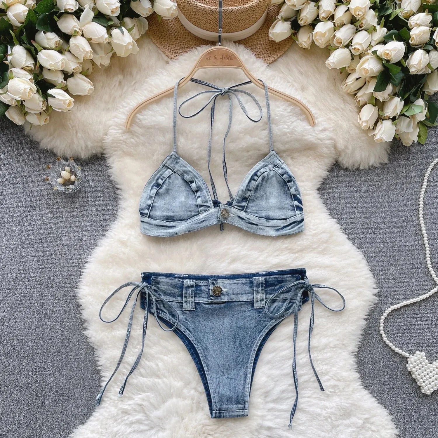 Retro Women Bikini Denim Suits Summer Halter Camis Mini Short Pant Fashion Vacation Suits Sexy Comfortable