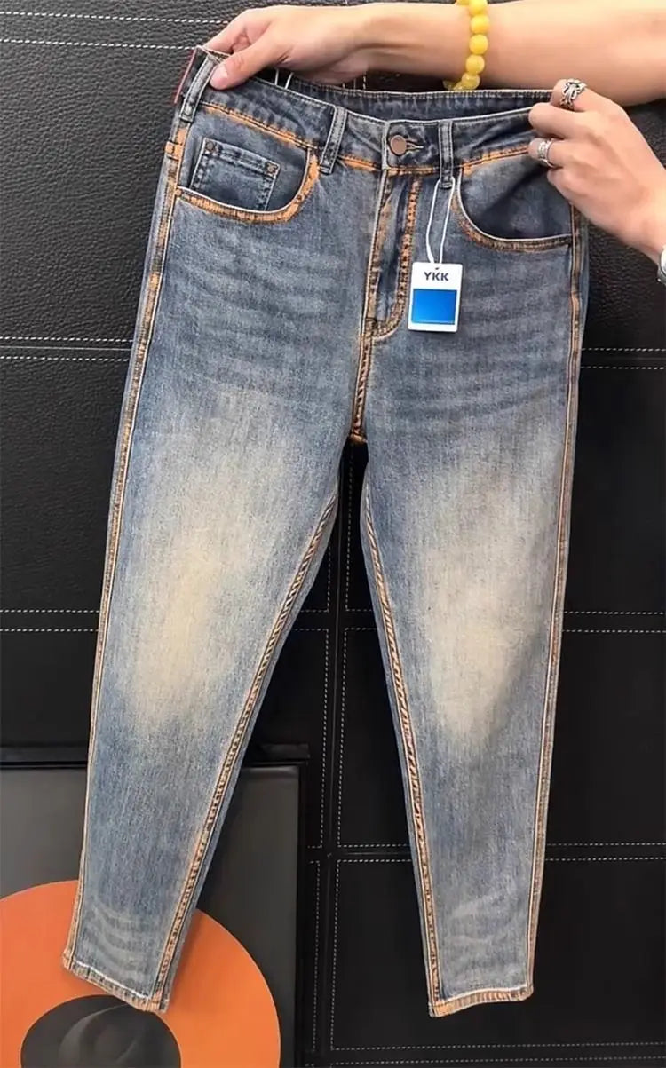 High-quality Jeans Men Italy Luxury Washed Blue Jeans Men's Summer New Business Trend Slim-fit Elastic Trousers Cowboy Pants Man