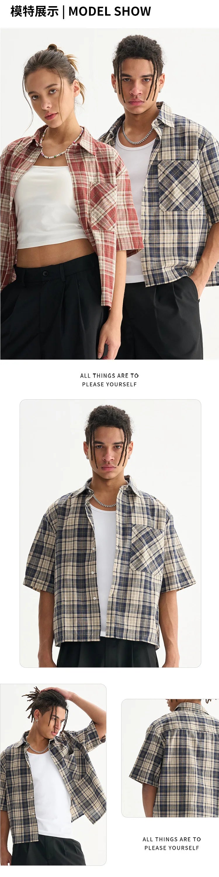Mens 100% Cotton Short Sleeve Cropped Plaid Shirt for Summer Boxy Fit Button Up Custom Flannel Fashion Street Clothes Unisex