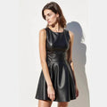 2025 New Women's Fashion Sexy Slim A-line Dress Round Neck Sleeveless Waist-cinching PU Leather Dress