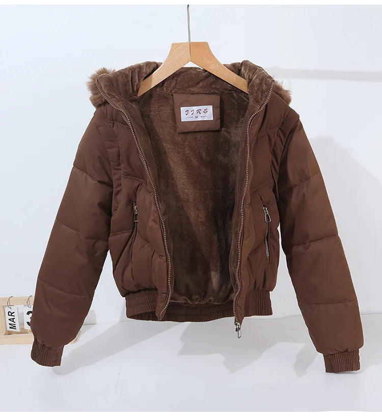 Winter Thickened Short Korean-Style Cotton-Padded Jacket with Fur Collar for Petite Women Warm Coat down Filled