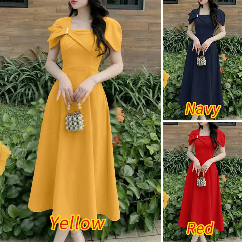 ZANZEA Elegant Chic Women A-Line Dresses Summer Fashion Square Neck Short Sleeve High Waisted Midi Robes Femme Office Vestidos