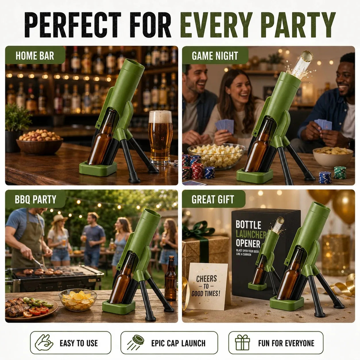 Beer Bottle Mortar Bottle Opener, 33/51mm Mortar Beer Bottle Opener Heavy-Duty Tactical Cap Launcher Hands-Free Push Down Opener