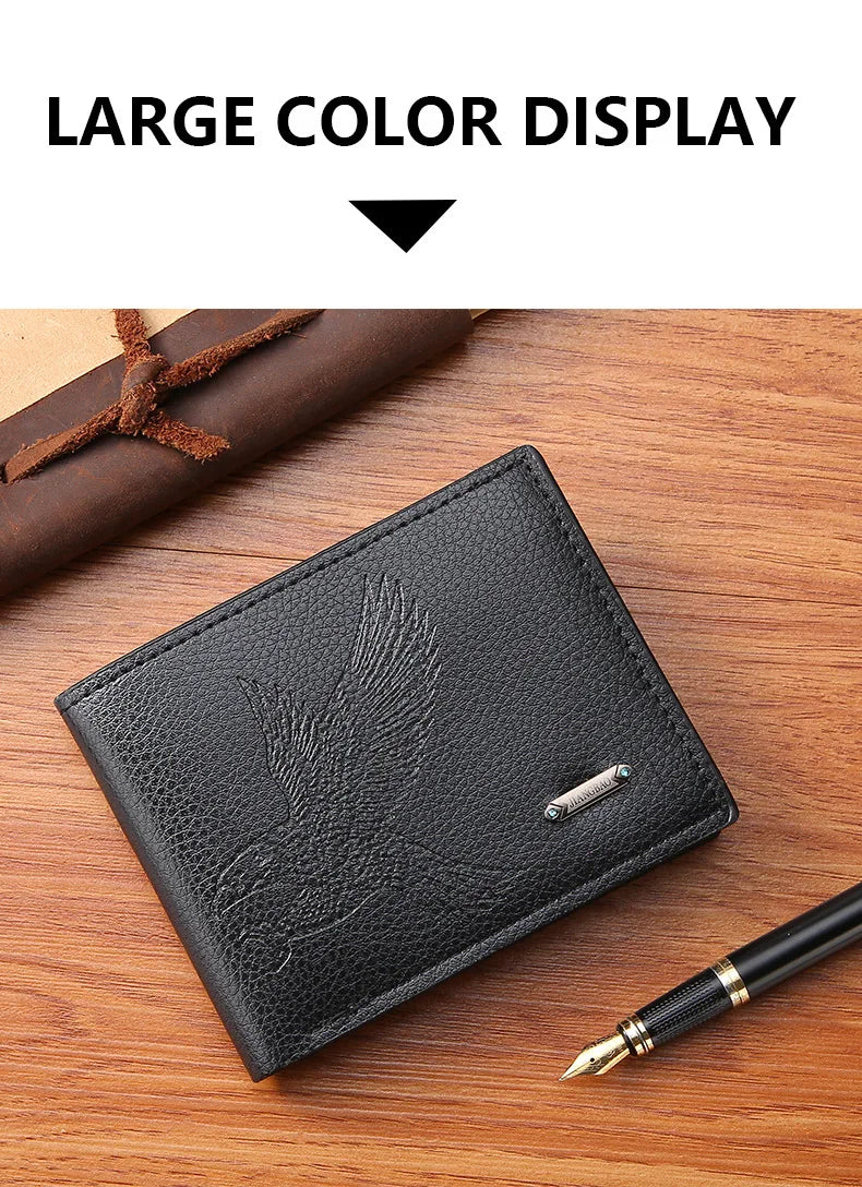 Classic Men's Leather Wallets Slim Minimalist Hawk Pattern Bifold Credit ID Card Holder Wallet Purse Short Thin Money Clip
