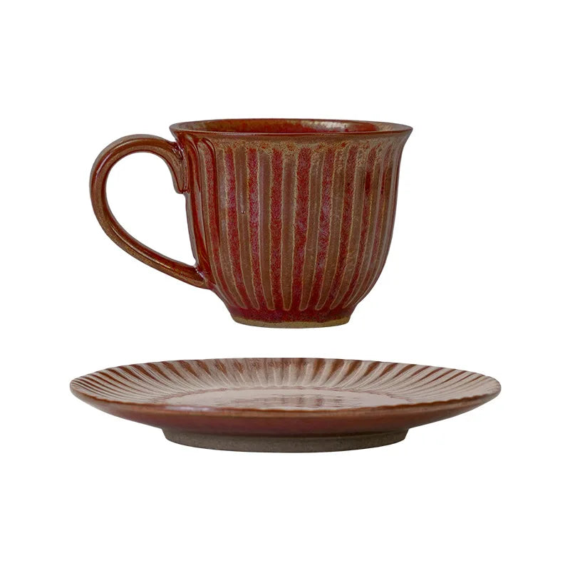 A Set of Cups and Plates Coffee Cup Retro Style Ceramic Striped Office Afternoon Tea Coarse Pottery Drinking Water Milk Cup
