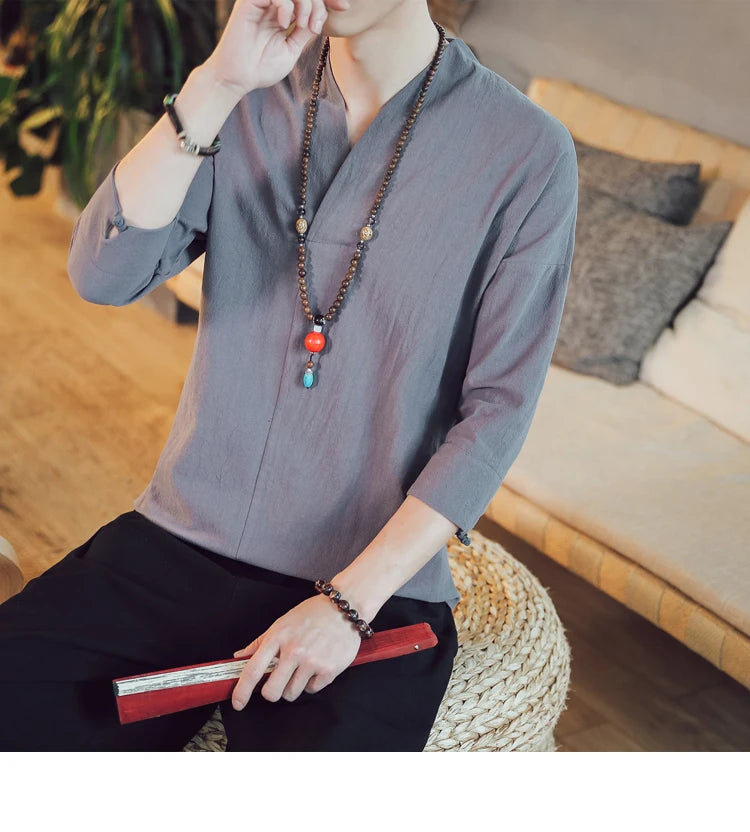Summer Kimono Japanese Style Short Sleeve Men New Half-sleeved Cotton Linen Breathable Men Clothing T-shirt Japanese Yukata Tops