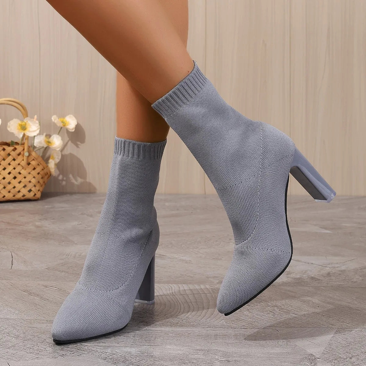 2024 New Autumn Winter Thick High-heeled All-match Thin and Thin Boots Women's Pointed Toe Mid-tube Elastic Socks Boots Women