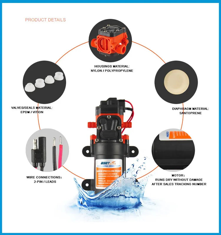 Miniature 35PSI DC 12V 24V Marine Electric Booster Pump Diaphragm Self-priming Pump Solar Shower Car Wash Toilet Pumping RV