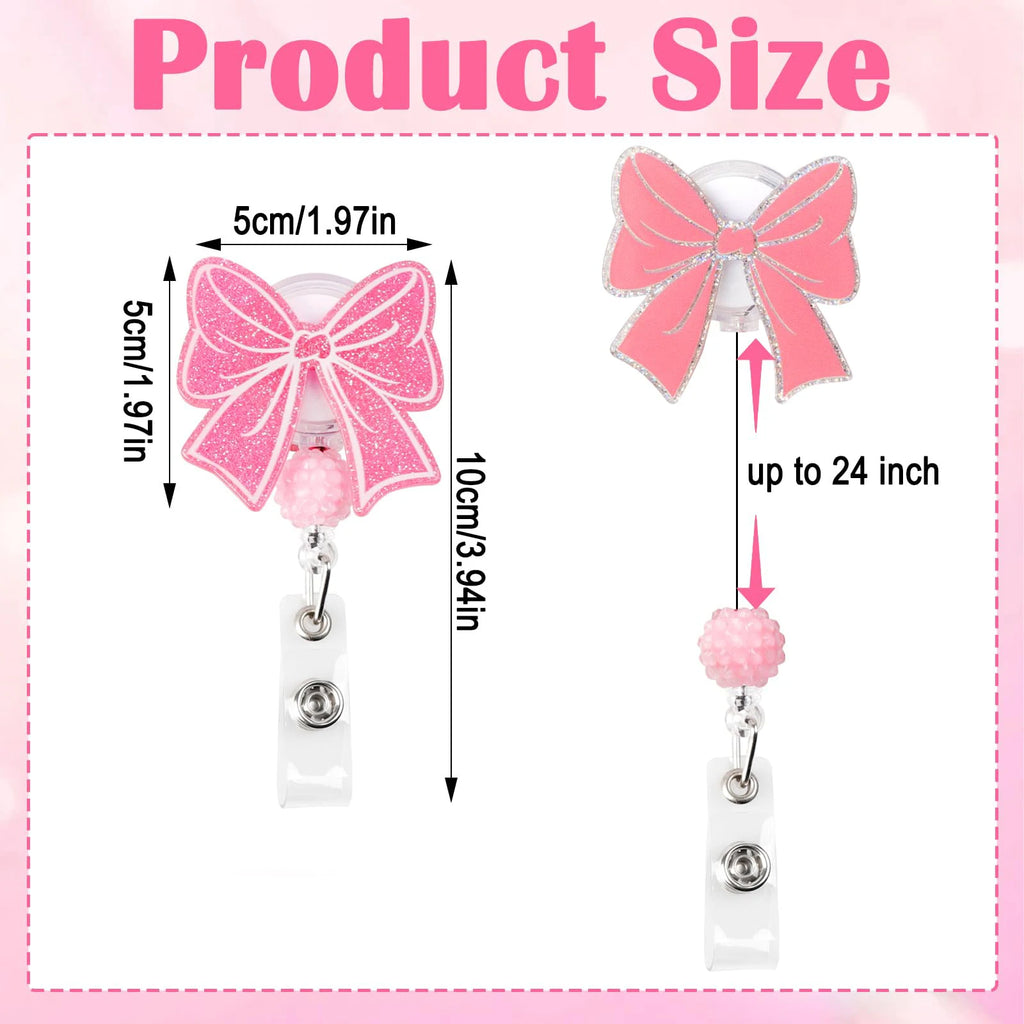 Pink Bow Badge Reel Cute Badge Reel with Alligator Clip ID Badge Holder Funny Sparkly Glitter Retractable Nursing Badge Reels
