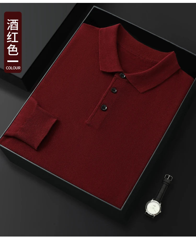 Men's Worsted Wool Kknit Pullover, Business Casual Polo Neck Sweater, Monochromatic Loose Top, Autumn and Winter Fashion, New