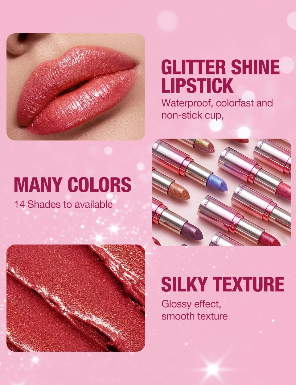 6 Color Metallic Shimmer Lipstick Diamond Pearlescent Pink Glitter Solid Lip Gloss Shiny Gold Lipgloss Lasting Lip Beauty Makeup