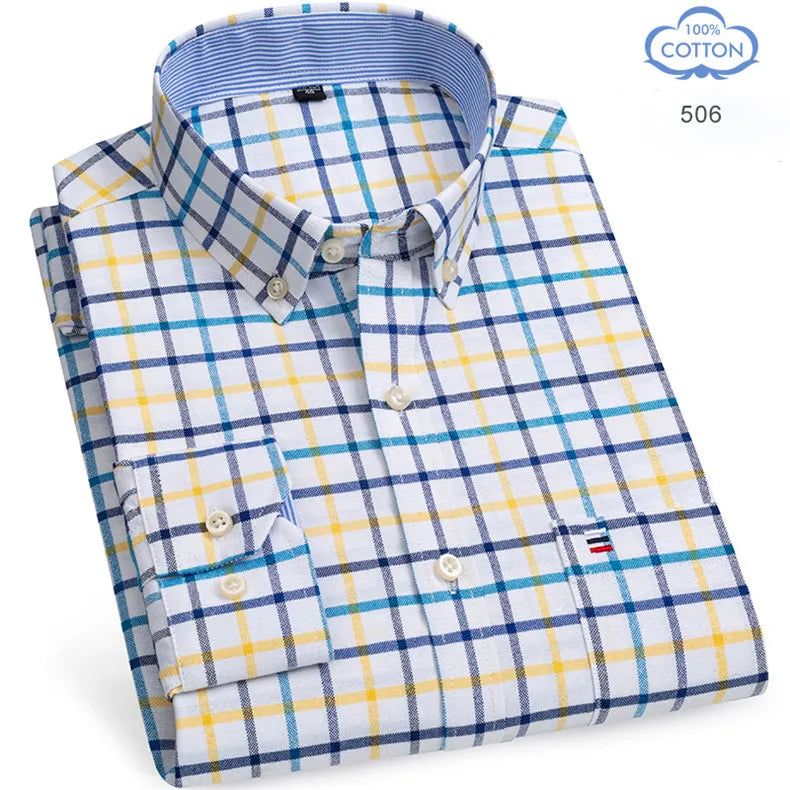 2025 Men's Social Shirt Pure Cotton Oxford Luxury Brand Thin Soft Buttoned Plaid Formal Work Western Clothing