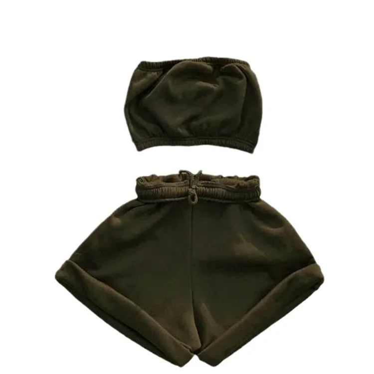 Thin Summer New Solid Color Lace Up Tracksuits Women Sleeveless Backless Tube And Shorts Two Piece Sets Casual 2pcs Outfits