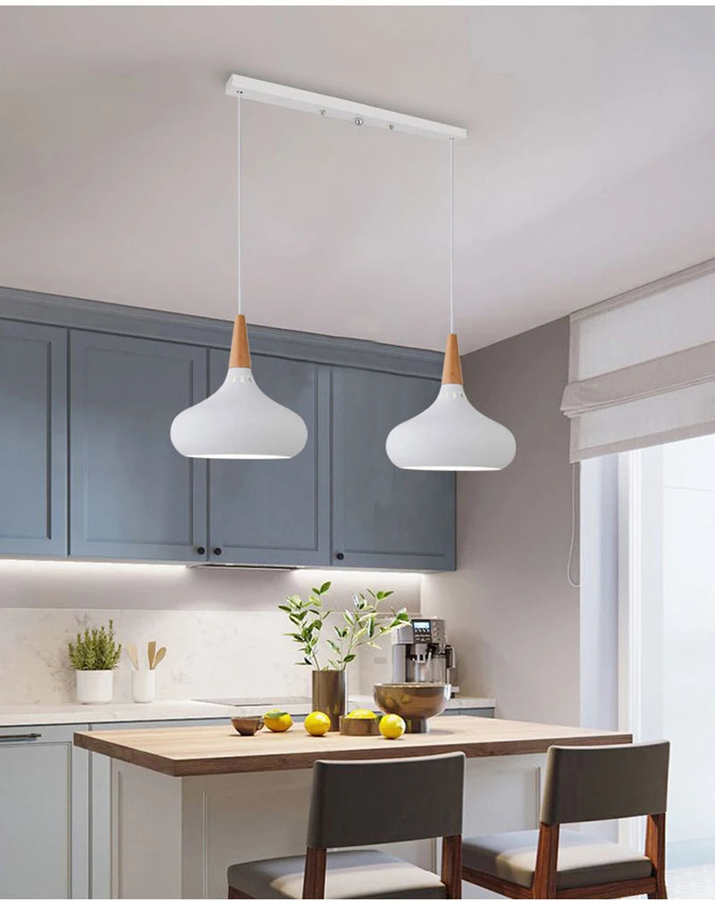 GEW Nordic Modern Funnel Pendant Light Wood Aluminum E27 Multi Color Hanging Lamp for Dining Kitchen Island Bedside