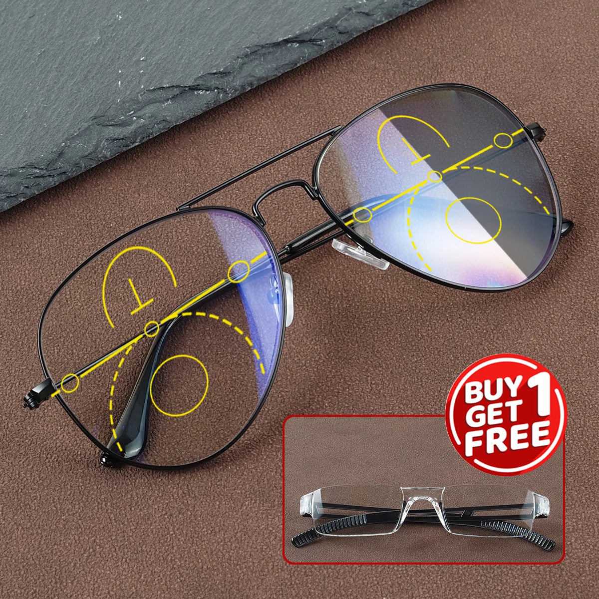 Photochromic, Progressive Multifocal Reading Glasses, Comes with 1 Free Integrated Presbyopic Glasses, Unisex Style.