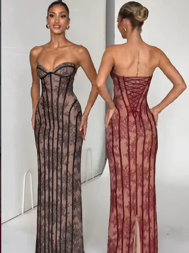 Women Gauze Fishbone Strapless Dress Chic Backless Off-shoulder Waist Cinching Slim Maxi Vestidos 2026 Lady Evening Party Gowns
