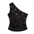 2025 New Women Sexy Single Shoulder Pearl Beading Asymmetrical Blouse T-shirt Summer Women Side Zipper Slim Shirts Chic Tops