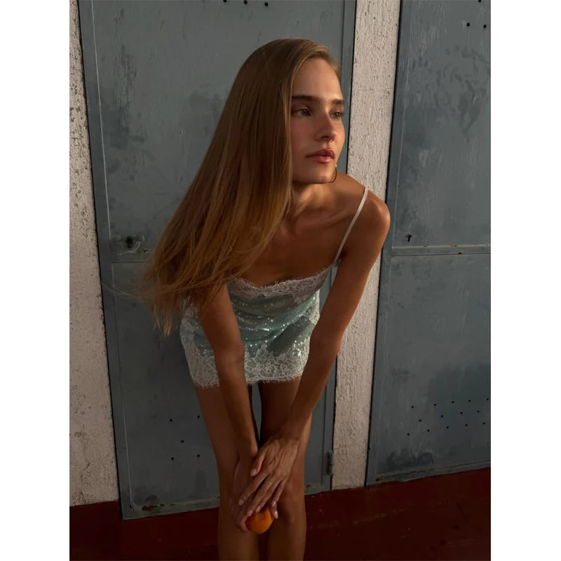 Women Chic Sequin Spaghetti Strap Mini Dress Lightweight Sexy Lace Trim Slimming Sleep Dresses 2026 Summer Beach Vacation Wear