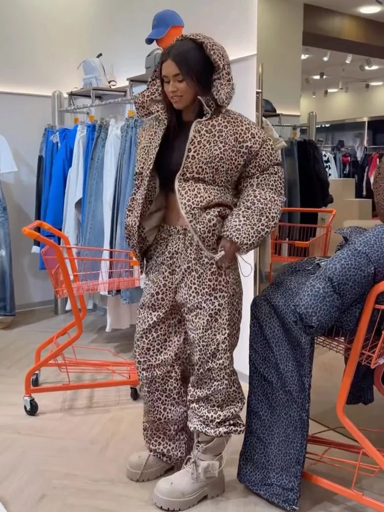 Leopard Print Women's Winter Down Jacket Pant Set Hooded Full Sleeve Zipper Jacket Elastic Waist Pants 2026 Warm Padded Coat Set