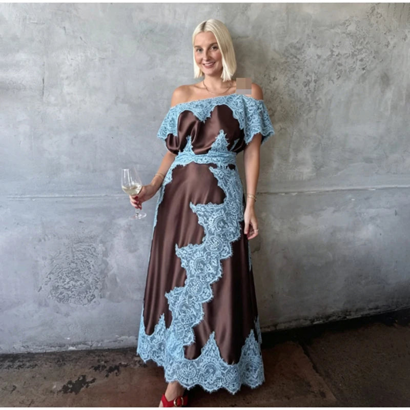 Elegant Lace Patchwork Long Women's Dress Urban Skew-collar Short Sleeve Empire Female Dresses 2026 Summer Vacation Lady Robe