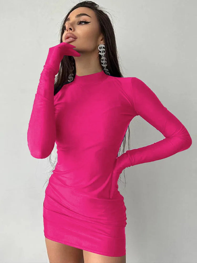 Solid Long Sleeve Mini Dress with Gloves Sexy Streetwear Party Outfit Half Turtleneck Bodycon Y2K Style Wholesale