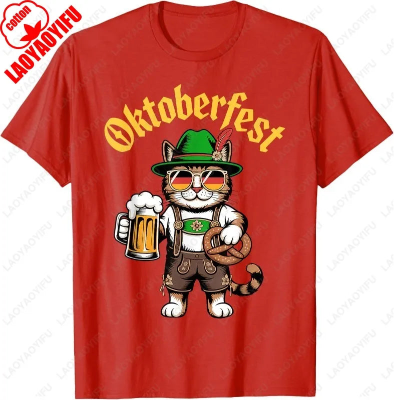 Funny Oktoberfest Cute Cat Pretzel Beer Funny Party Adults T-Shirt Fashion Y2k Streetwear Men Woman High Quality Cotton Tees