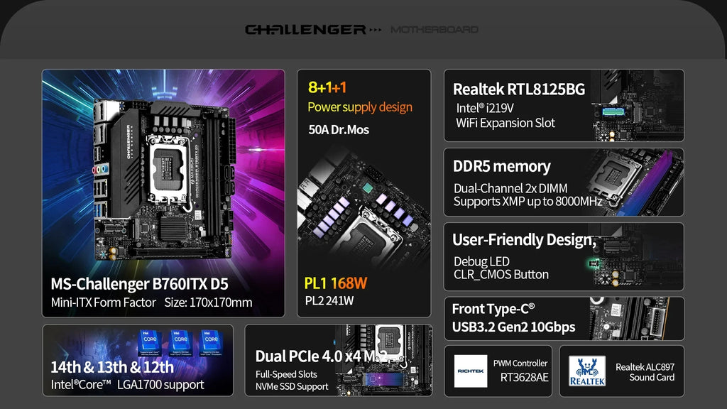 MAXSUN Game Motherboard B760ITX D5 support Intel 14 13 12th generation Core CPU DDR5 M.2 PCIEX16 4.0 Computer components