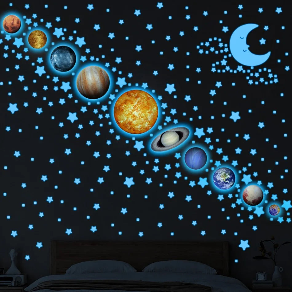 Glow in The Dark Planets Wall Stickers Kids Bedroom DIY Luminous Stars Decals Mural Self-adhesive Room Ceiling Aesthetic Decor